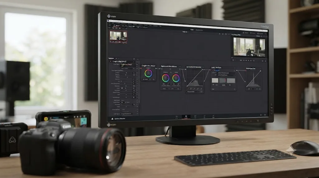 Illustration of a five-node DaVinci Resolve node graph taking Canon R6 Mark II C-Log3 footage from Log source to finished Rec.709 grade