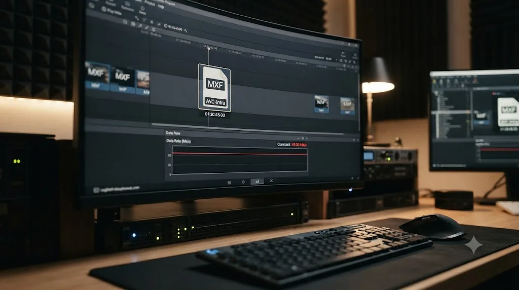 Illustration of a broadcast MXF file on a playout server timeline showing a steady constant data rate