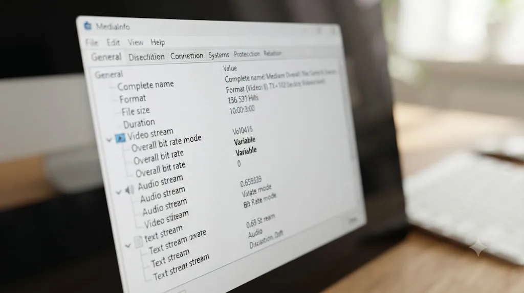 Illustration of a MediaInfo application window showing a video file's Bit Rate Mode field reading Variable