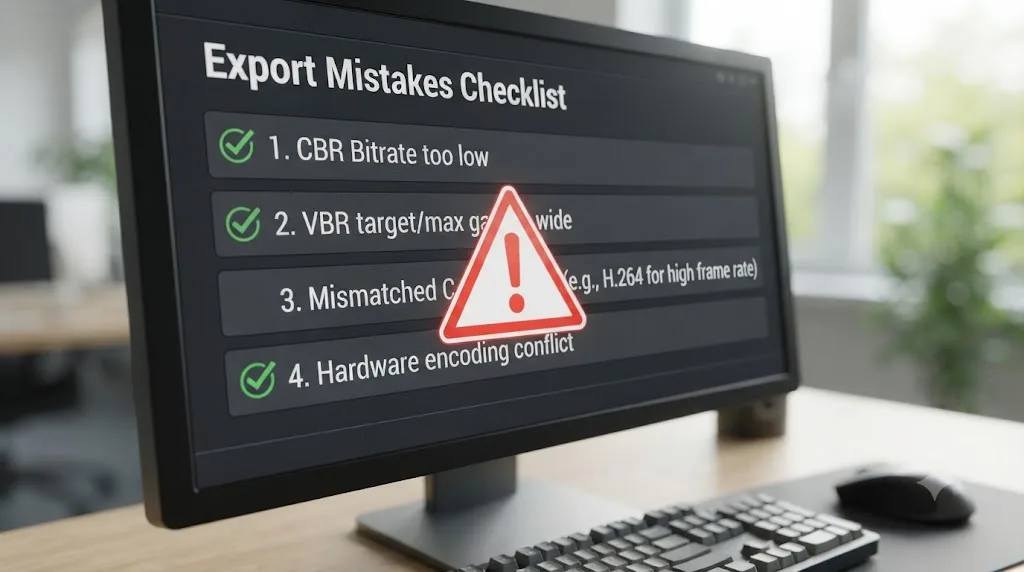 Illustration of a checklist of common CBR and VBR mistakes in DaVinci Resolve exports