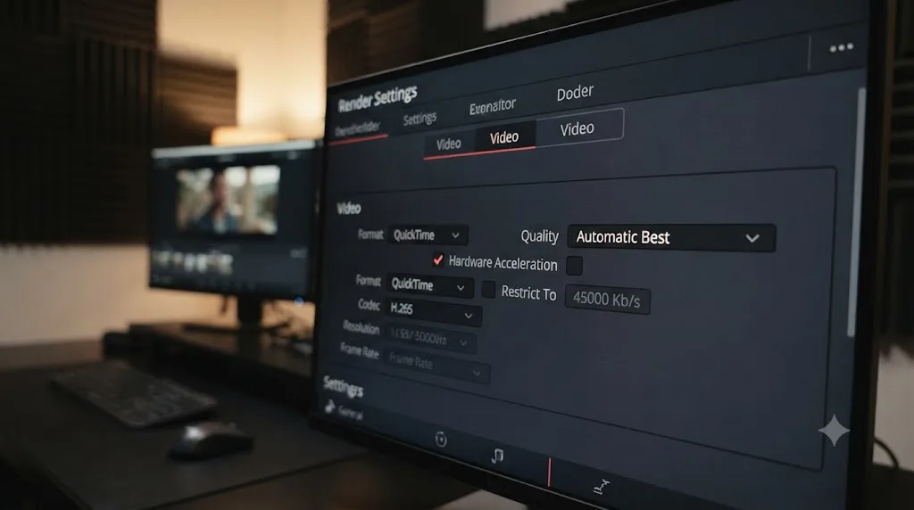 Illustration of a DaVinci Resolve hardware acceleration checkbox next to an unchanged bitrate Quality field