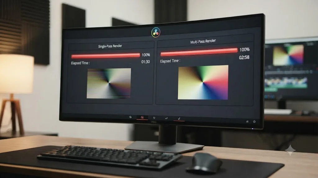 Illustration comparing single-pass and multi-pass render times and gradient quality in DaVinci Resolve