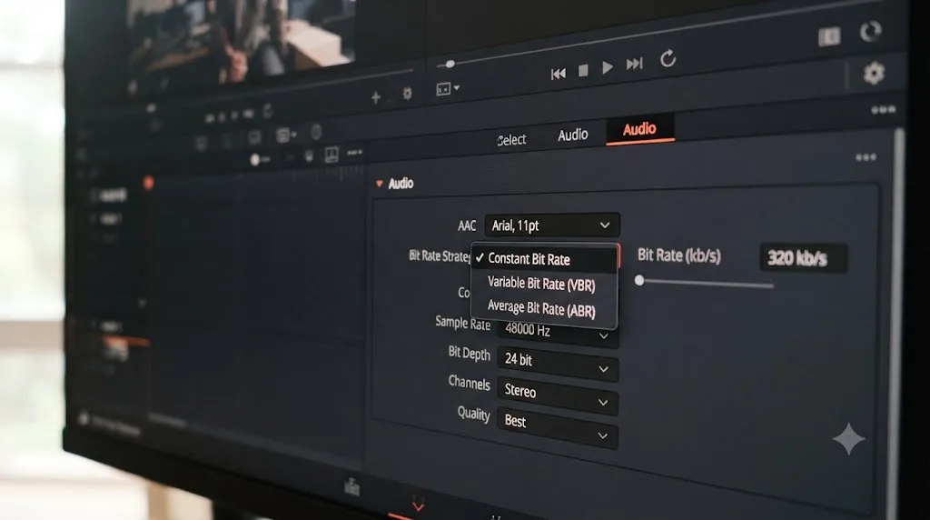 Illustration of the DaVinci Resolve Audio tab Bit Rate Strategy dropdown with Constant Bit Rate selected
