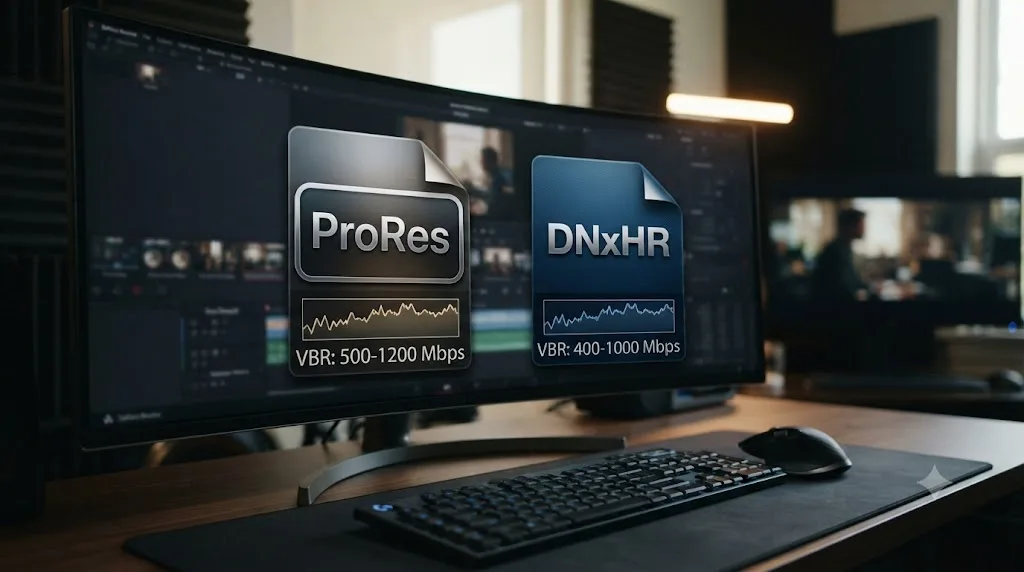 Illustration comparing ProRes and DNxHR file icons each labeled with a variable target data rate