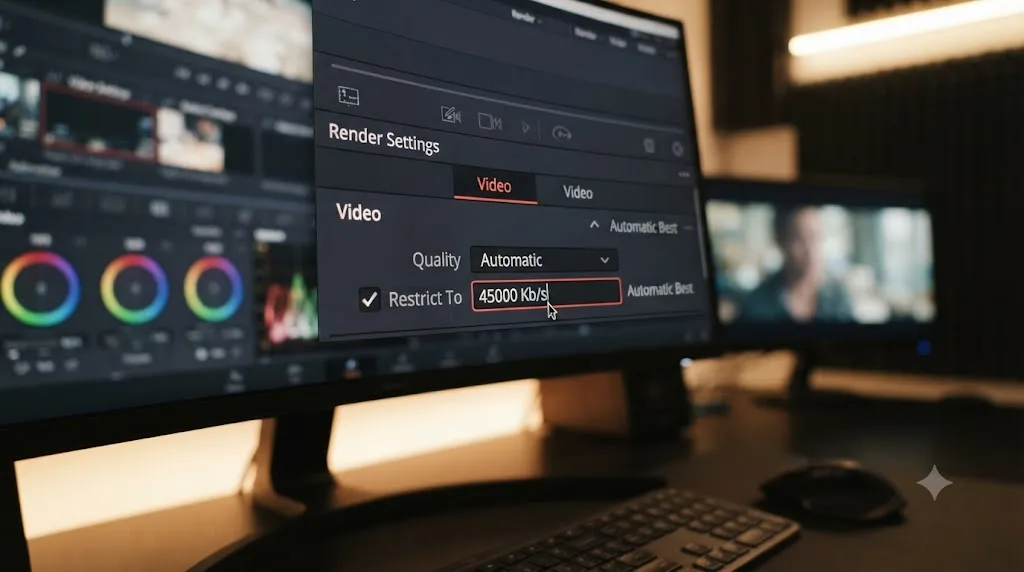 Illustration of the Restrict To bitrate field in DaVinci Resolve render settings with a maximum data rate entered