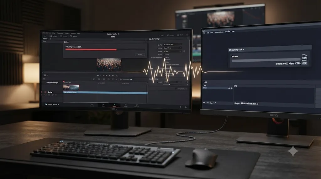Illustration of a DaVinci Resolve export file feeding into a separate live encoder set to CBR for Twitch streaming