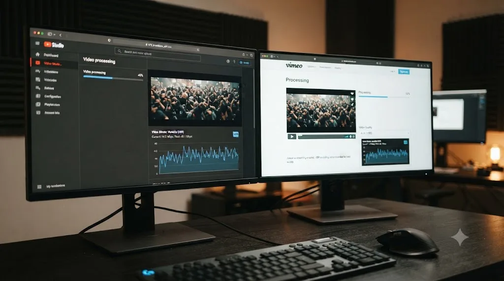 Illustration of YouTube and Vimeo upload screens both indicating variable bitrate encoding