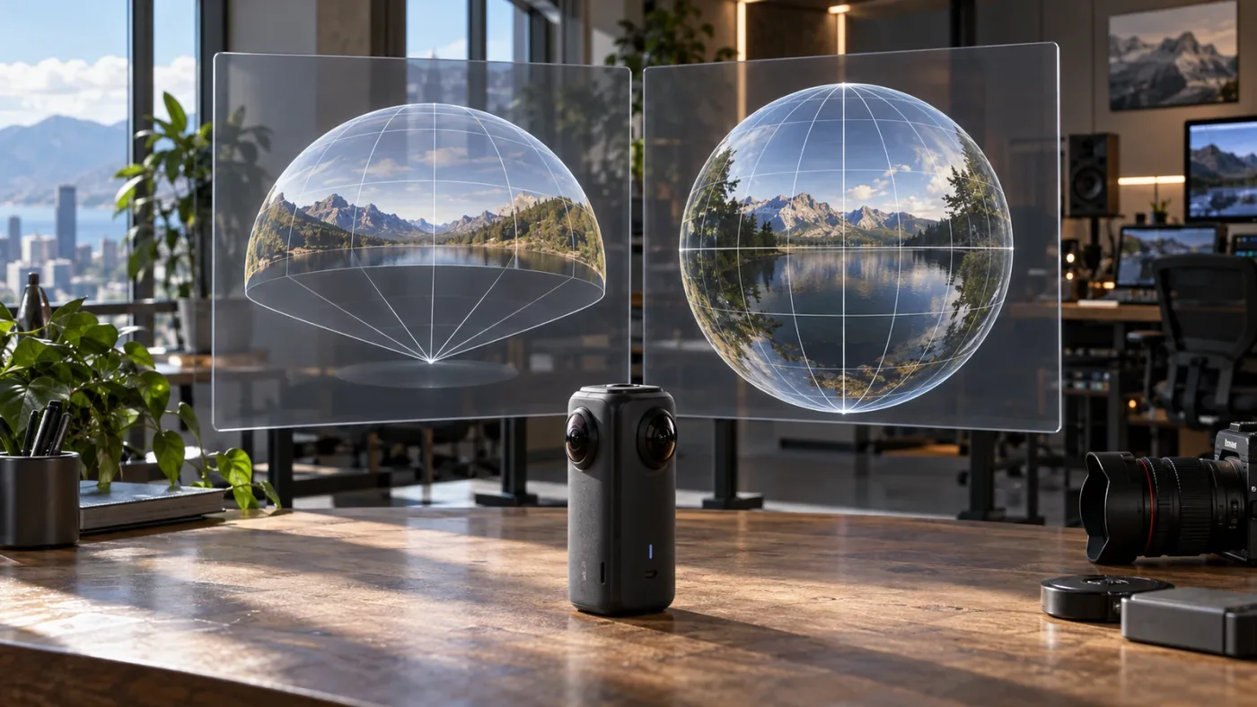 Illustration of matching immersive projection attributes to VR camera footage in Resolve 21
