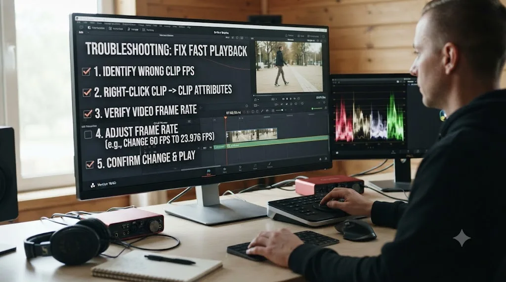 Illustration of a step by step troubleshooting checklist for fixing a fast-playing clip in DaVinci Resolve