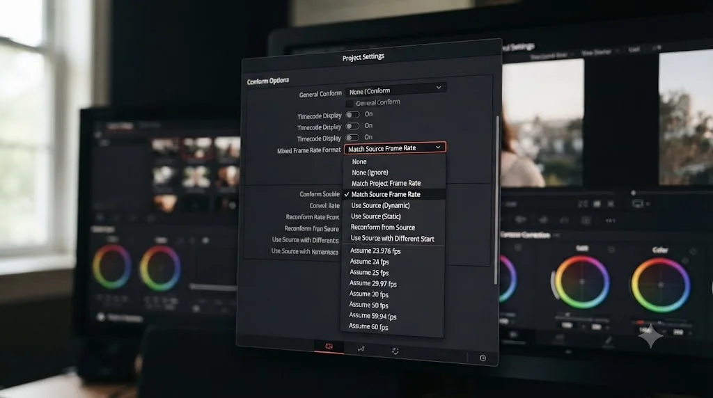 Illustration of the DaVinci Resolve Conform Options panel showing the Mixed Frame Rate Format dropdown