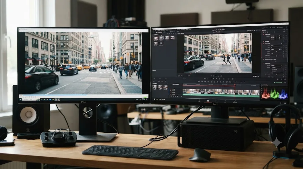 Illustration comparing a clip playing at normal speed in a generic media player versus too fast inside DaVinci Resolve