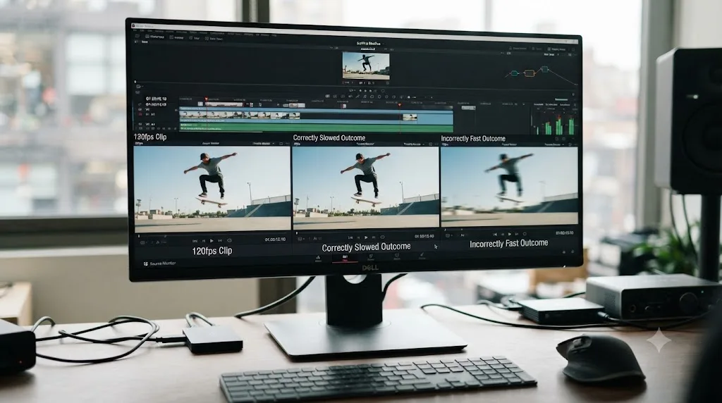 Illustration of a high frame rate slow motion clip playing correctly slowed versus incorrectly at normal speed in DaVinci Resolve