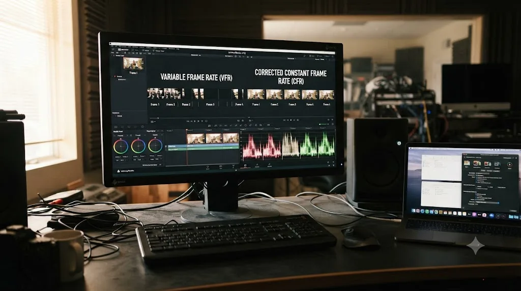 Illustration of variable frame rate footage being transcoded to constant frame rate before import into DaVinci Resolve