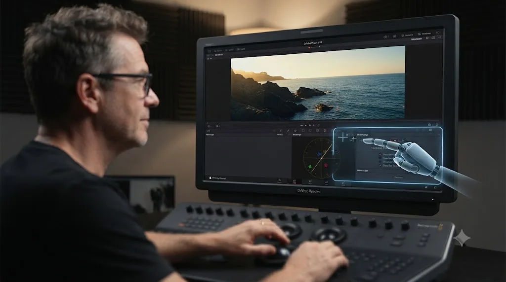 Illustration of an on-screen assistant pointing at a specific vectorscope setting inside DaVinci Resolve