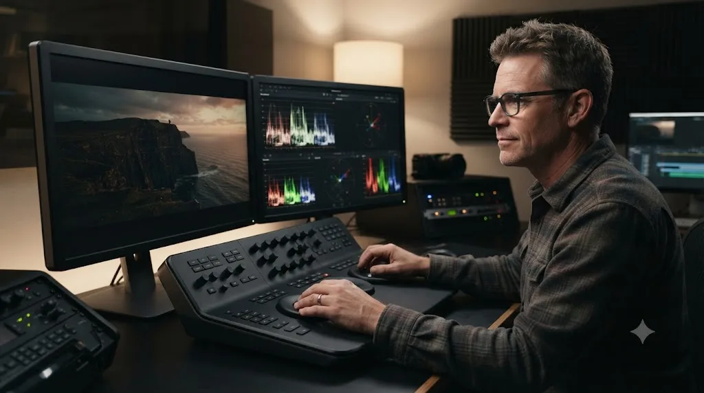 Illustration of a colorblind colorist working confidently at a professional grading suite with scopes displayed alongside the graded image