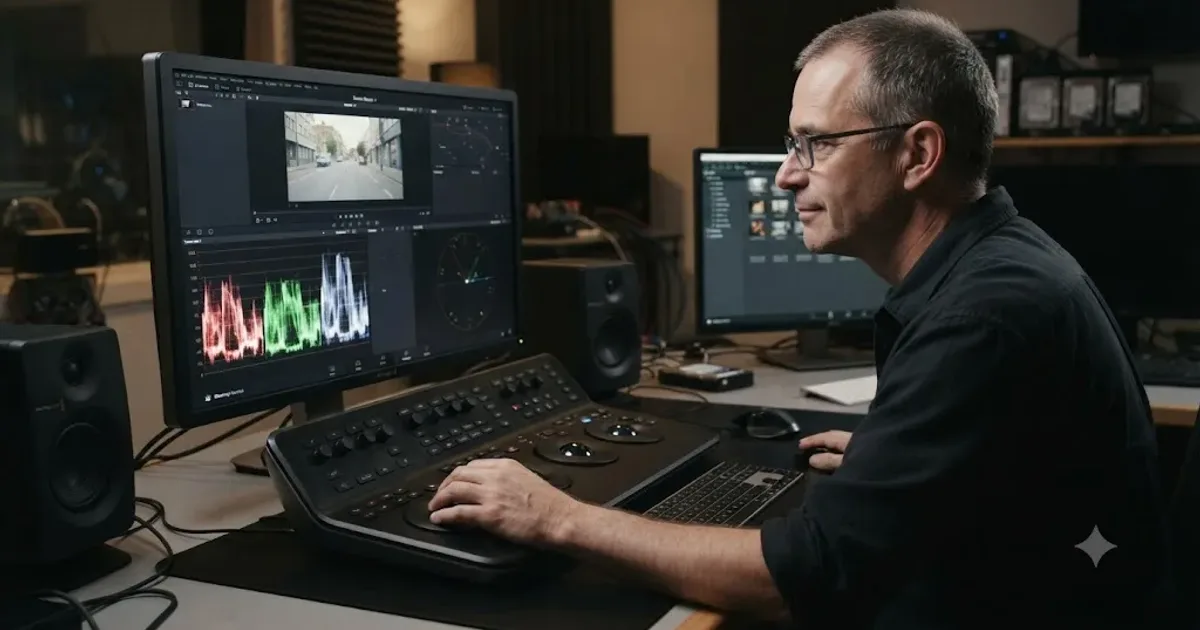 Illustration of a colorblind editor grading footage in DaVinci Resolve using the waveform and vectorscope instead of relying on color perception