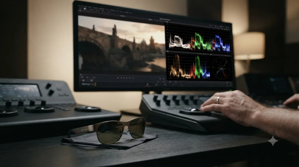Illustration of colorblind glasses set aside in favor of DaVinci Resolve's scope readouts for a grading decision