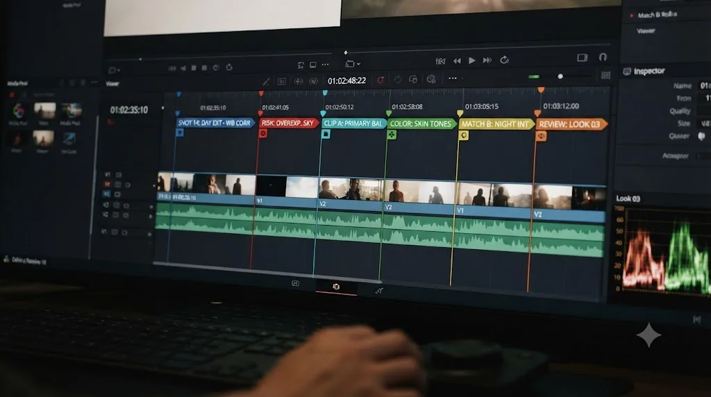 Illustration of DaVinci Resolve timeline markers using text notes as the primary identifier instead of color alone