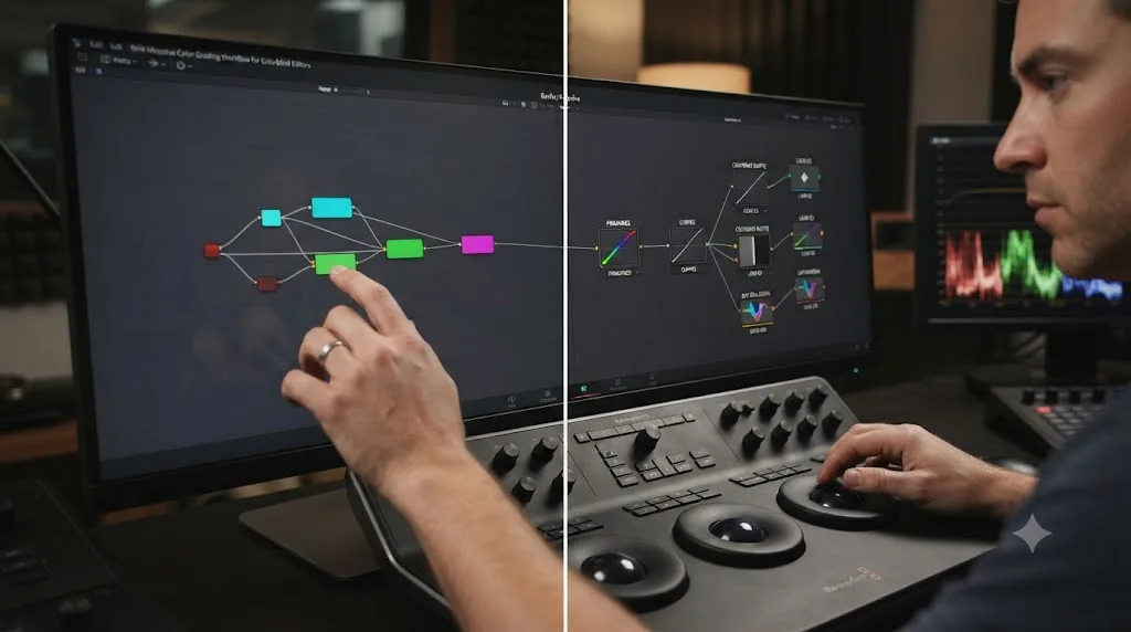 Illustration comparing a color-only DaVinci Resolve node system with a clearly text-labeled one