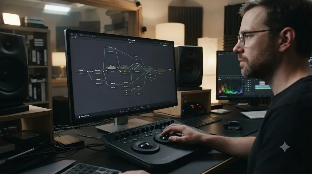 Illustration of a DaVinci Resolve node graph with text labels as the primary organizational cue and node color as a secondary layer