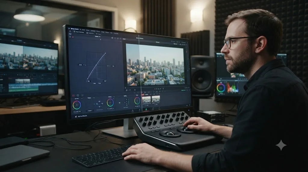 Illustration comparing DaVinci Resolve's interface with an OS color filter on for UI reading versus off for accurate color judgment