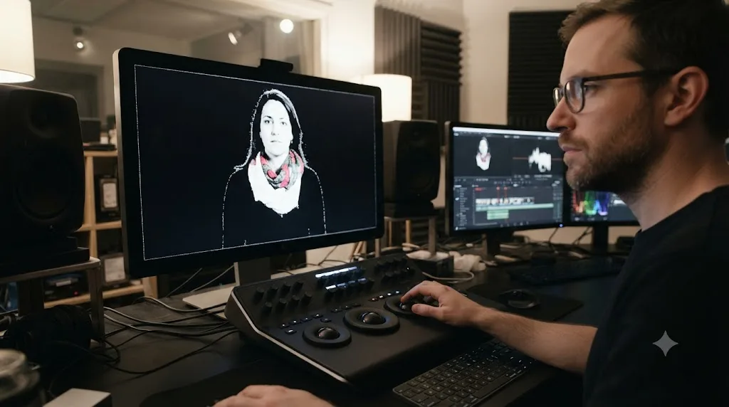 Illustration of a DaVinci Resolve qualifier selection shown in high-contrast black and white matte view