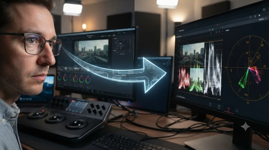Illustration of a color grading workflow shifting from eye judgment to objective scope measurement in DaVinci Resolve