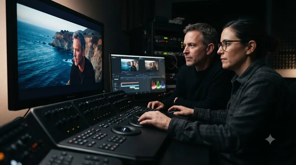 Illustration of a colorist and supervisor reviewing a finished DaVinci Resolve color grade together before delivery