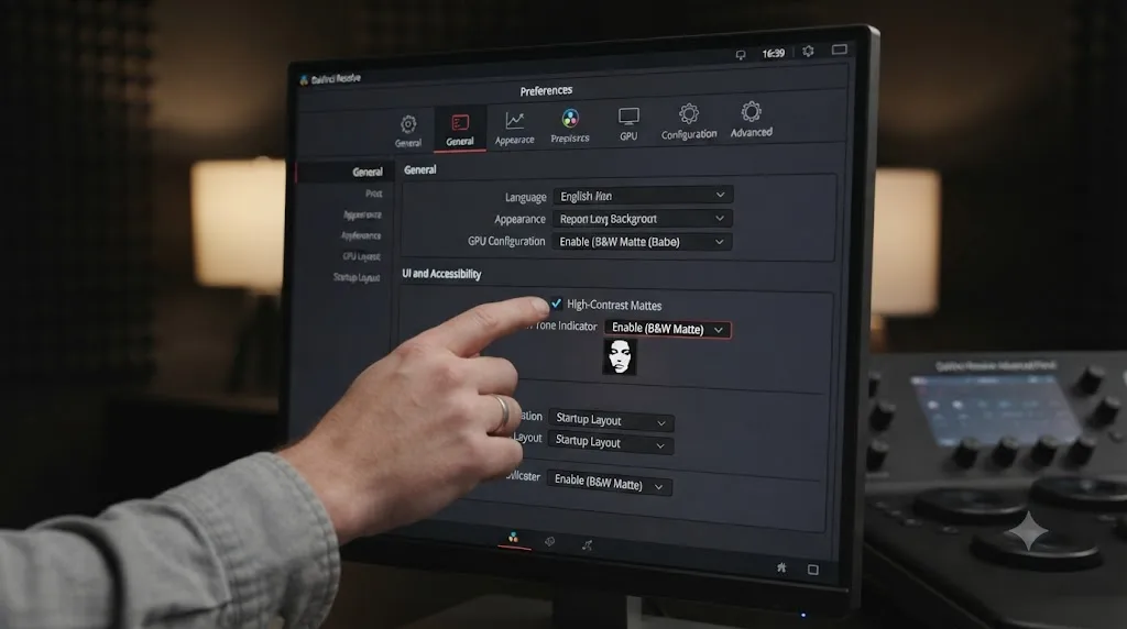 Illustration of DaVinci Resolve preferences with high-contrast mattes and skin tone indicator settings enabled