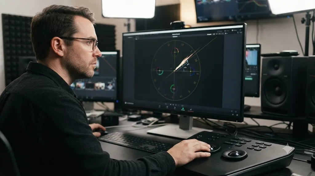 Illustration of the skin tone indicator line and saturation distance measurement on DaVinci Resolve's vectorscope