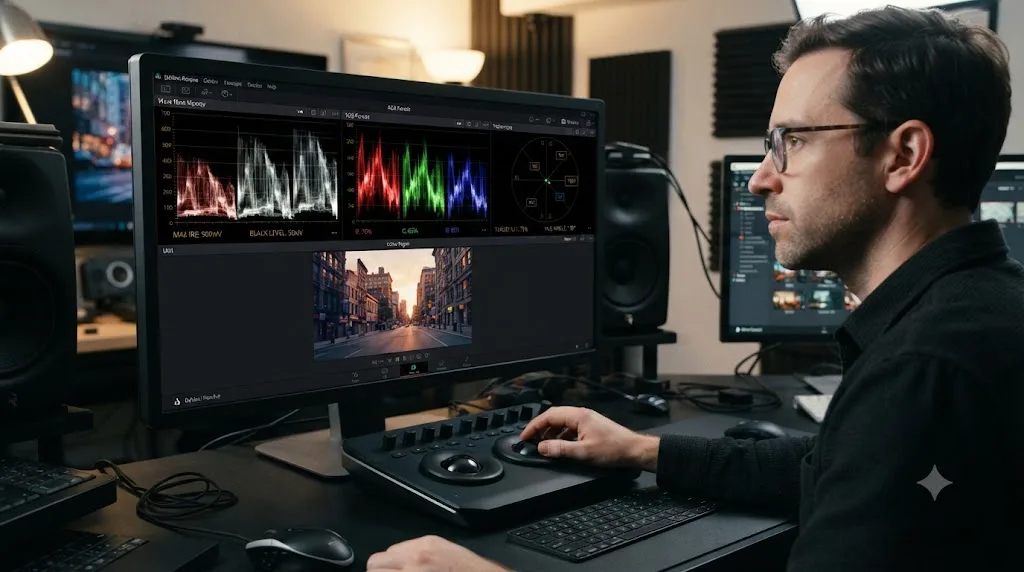Illustration of the waveform, RGB Parade, and vectorscope displayed together as objective numeric readouts above a graded shot in DaVinci Resolve