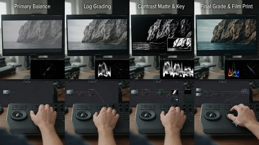 Illustration of a full DaVinci Resolve color grading session using labeled nodes and scope readouts instead of color perception