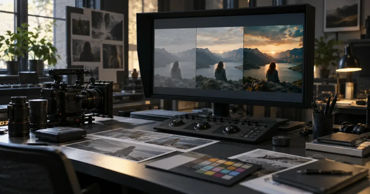 Illustration of log footage moving through a color-managed DaVinci Resolve grading workflow