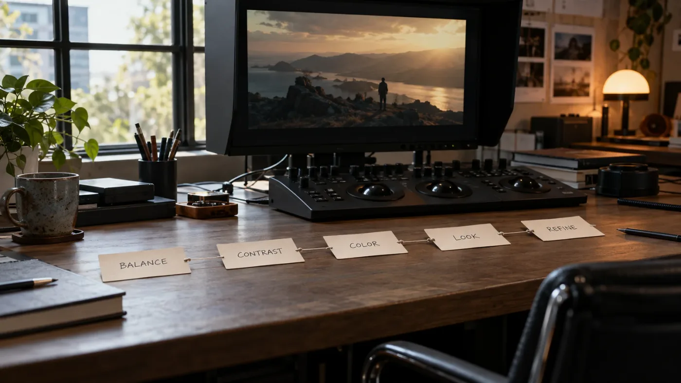 Illustration of a compact color grading node tree organized by purpose.