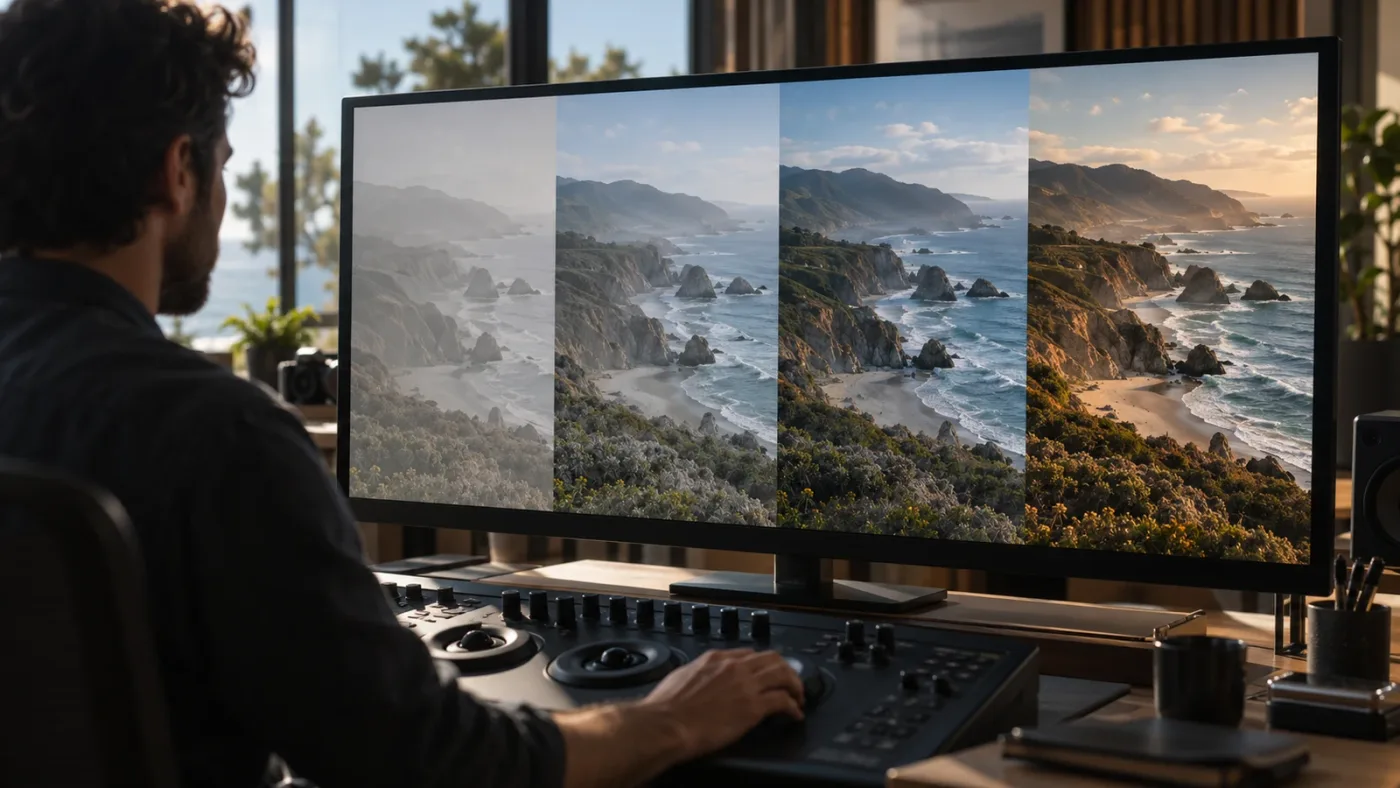 Illustration of a DaVinci Resolve color grading workflow order from source footage to final review.