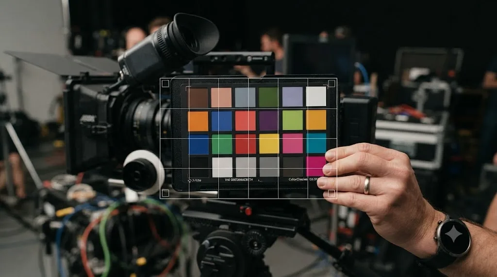 Illustration of a color chart held in frame with a DaVinci Resolve Color Match sampling grid aligned to its corner patches