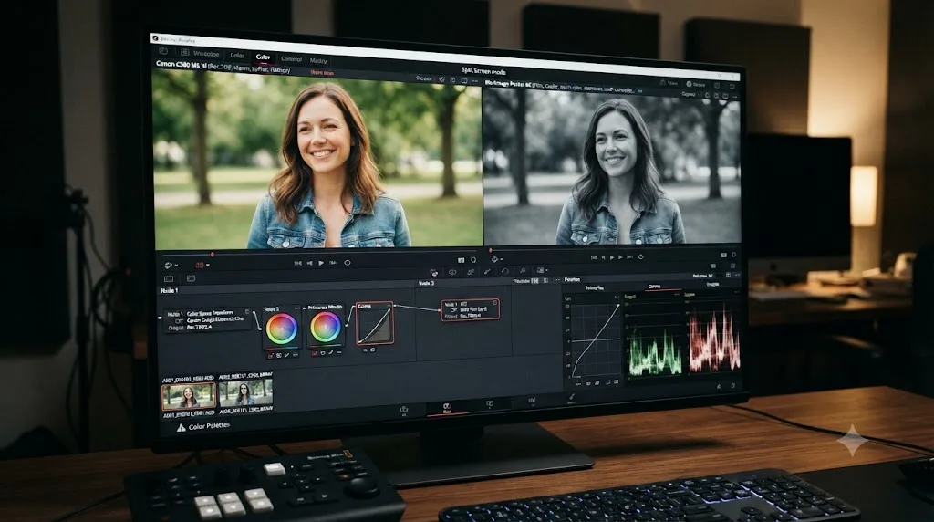 Illustration of a DaVinci Resolve Color page with two different camera angles side by side, one graded with a Color Space Transform node to bring it in line with the other