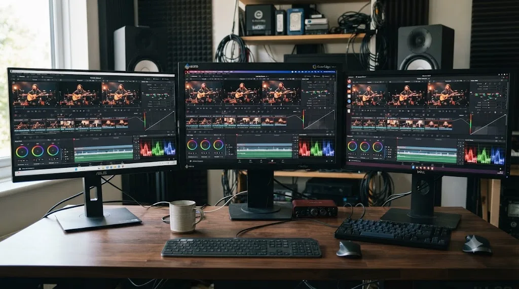 Illustration of the same matched multi-camera DaVinci Resolve timeline displayed consistently across Windows, Mac, and Linux