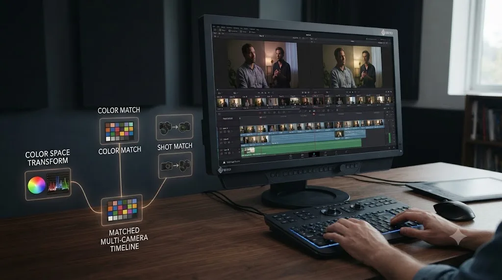 Illustration of a decision path choosing between Color Space Transform, Color Match, and Shot Match in DaVinci Resolve