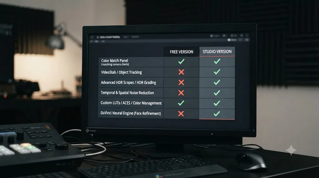 Illustration of a comparison table showing which DaVinci Resolve camera color matching tools are free versus Studio-exclusive