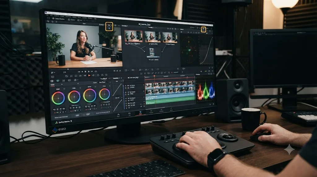 Illustration of a DaVinci Resolve multicam clip opened into individual angle tracks with the Unmix toggle active in the Color page viewer