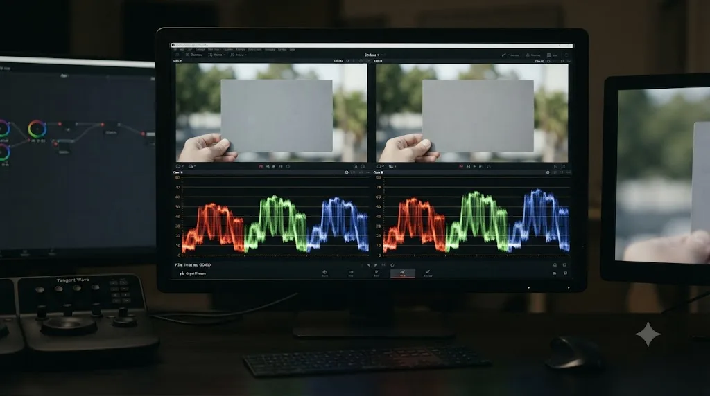 Illustration of an RGB parade scope confirming a color match between two different camera sources on a shared neutral tone