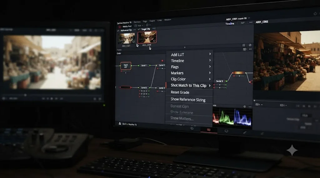 Illustration of the Shot Match to This Clip option in a DaVinci Resolve right-click context menu