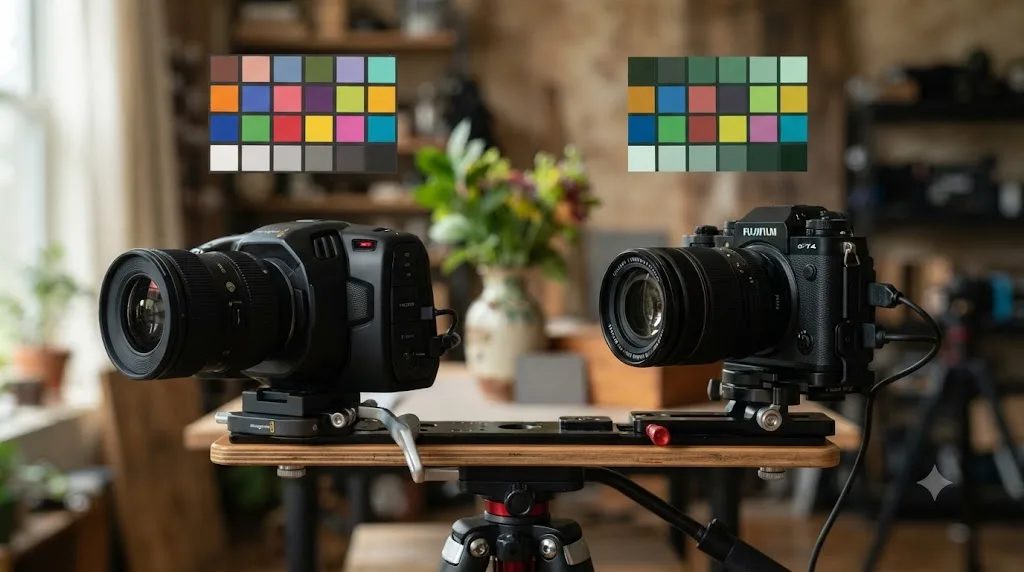 Illustration of two different camera models pointed at the same subject with mismatched native color response