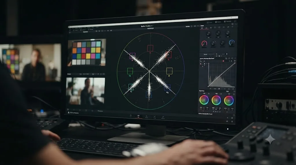 Illustration of a vectorscope showing color accuracy measured against vector lines rather than visual saturation alone