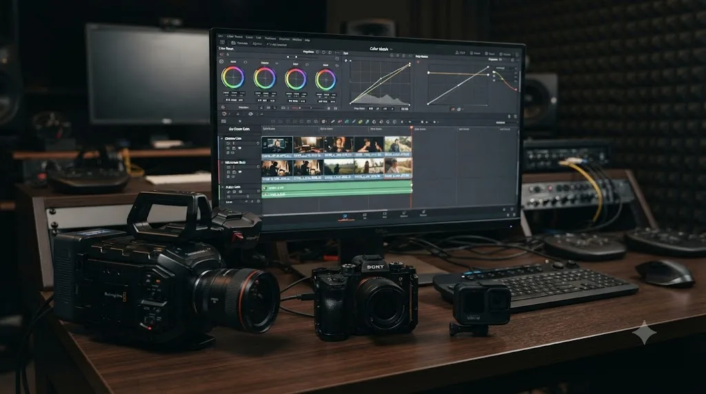 Illustration of three different camera types, a cinema camera, mirrorless body, and action camera, matched into one consistent grading timeline