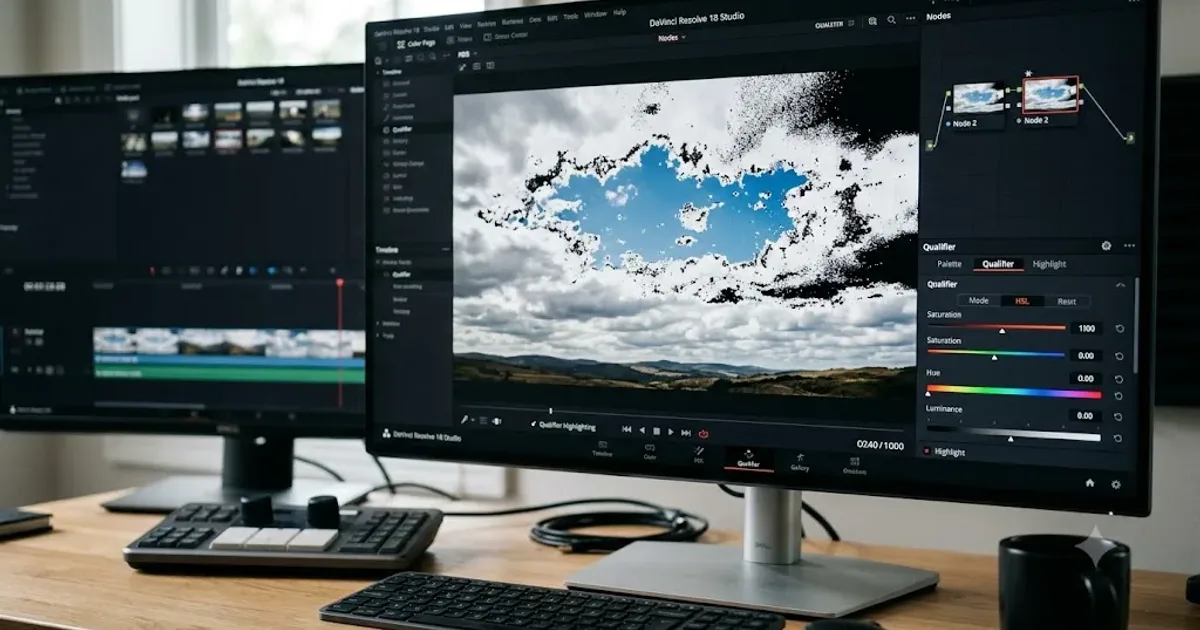 Illustration of a ragged color qualifier matte selection being cleaned up in DaVinci Resolve
