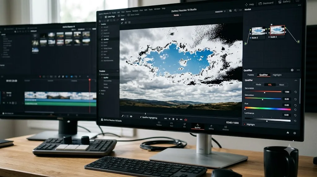Illustration of a ragged color qualifier selection with noise and holes over a sky in DaVinci Resolve
