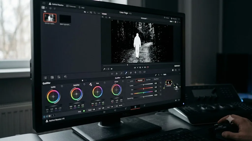 Illustration of a high-contrast black and white qualifier matte view in DaVinci Resolve