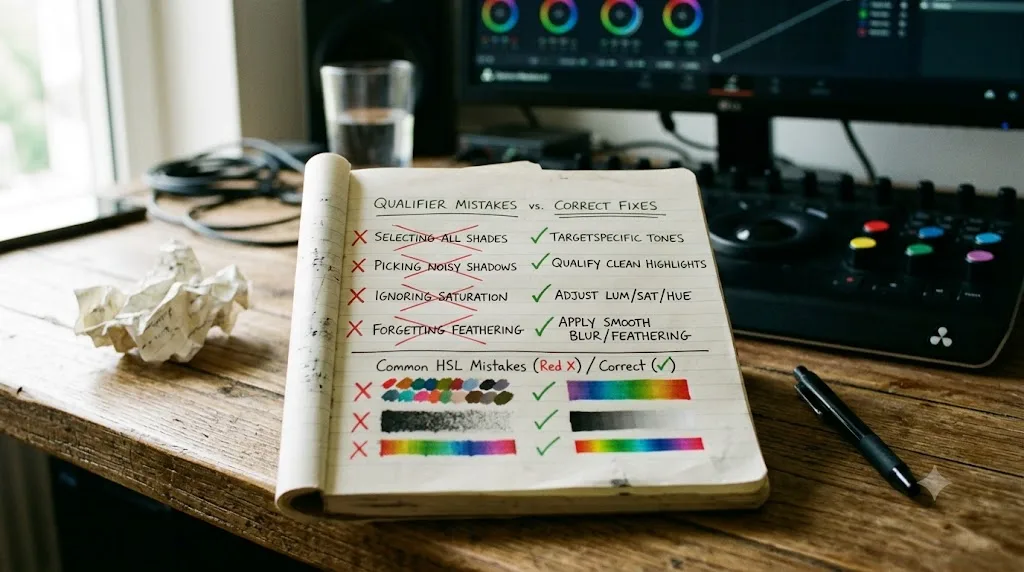 Illustration of a checklist comparing common color qualifier mistakes to correct alternatives